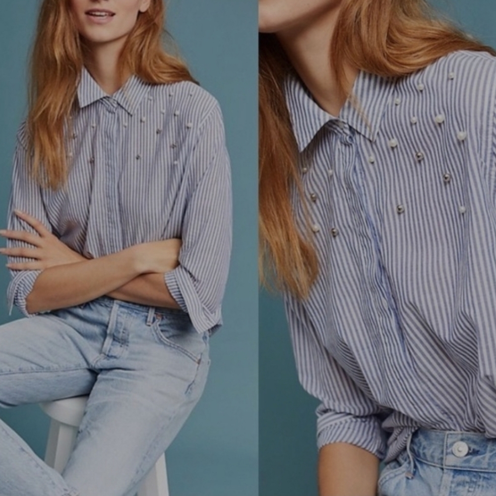 Rails Taylor Florence Stripe Studded Pearls Shirt… - image 1